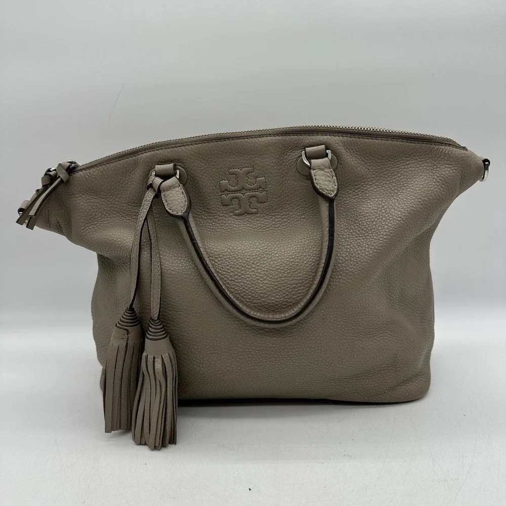 Tory Burch Thea Triple Zip Satchel Pebbled Leather Gray Taupe Tassel Handbag